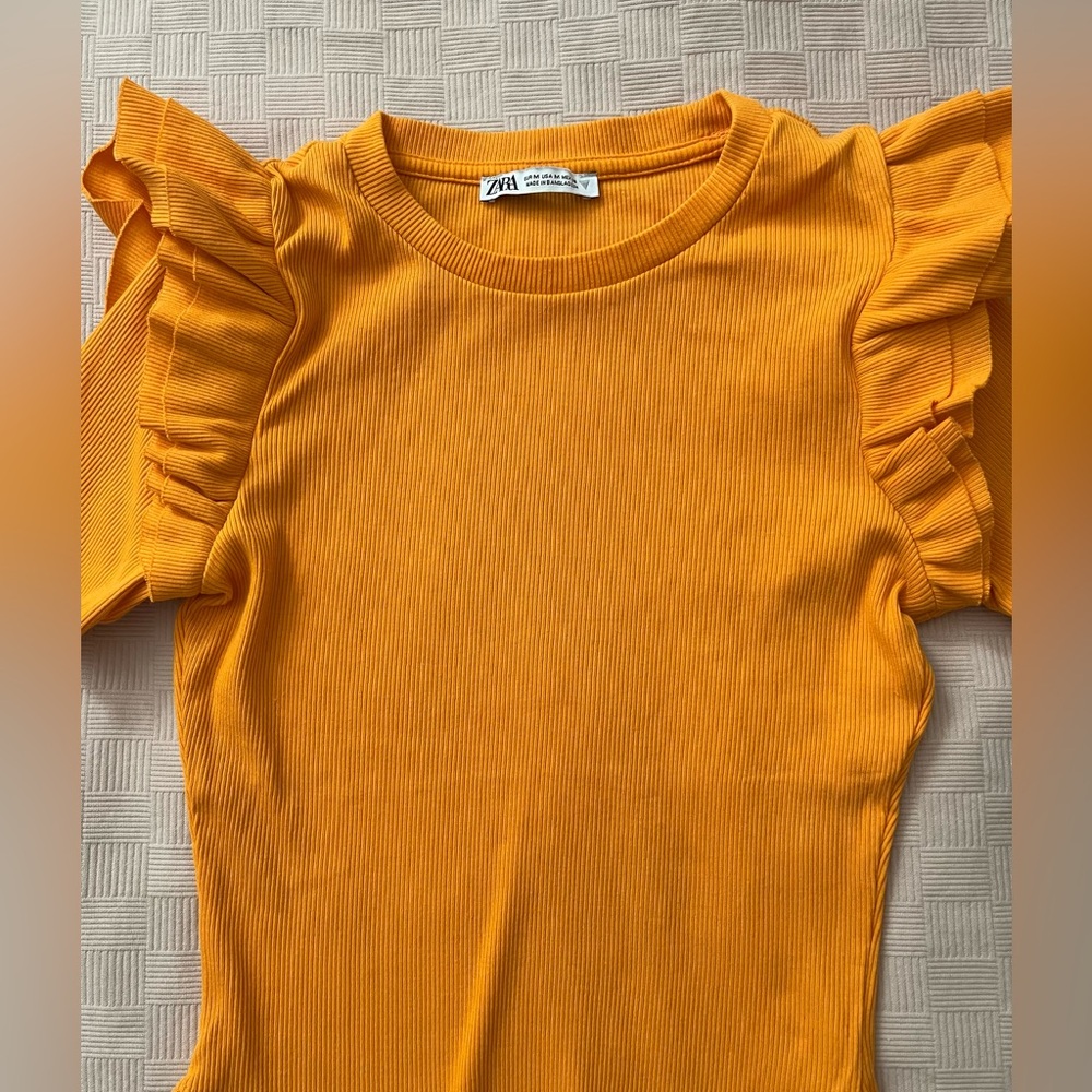 Zara Orange Ribbed Ruffle Sleeves Tee Bodysuit - Picture 3 of 4